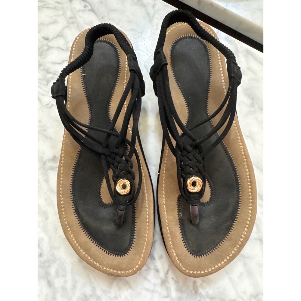 Socofy Black Strappy Thong Sandals Boho Elastic Slingback Gold Detail Size 41